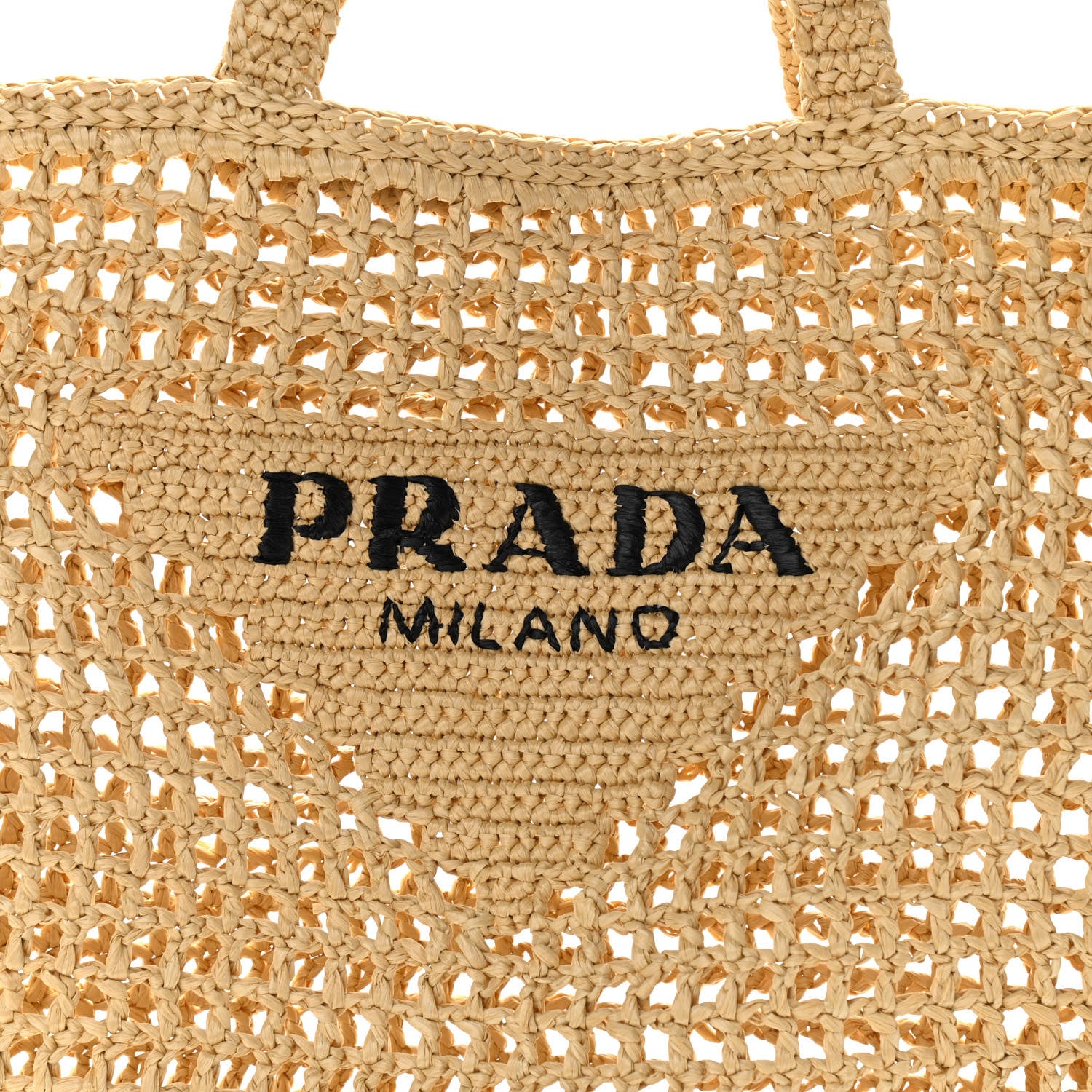 Prada Yarn Raffia Effect Crochet Logo Embroidered Tote Bag Naturale 7 of 9