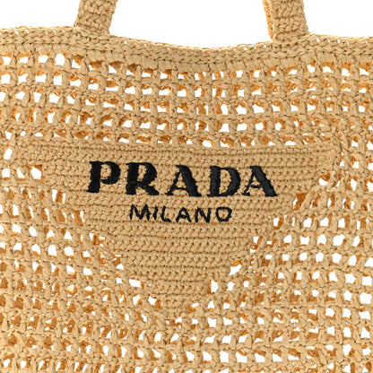 Prada Yarn Raffia Effect Crochet Logo Embroidered Tote Bag Naturale 7 of 9
