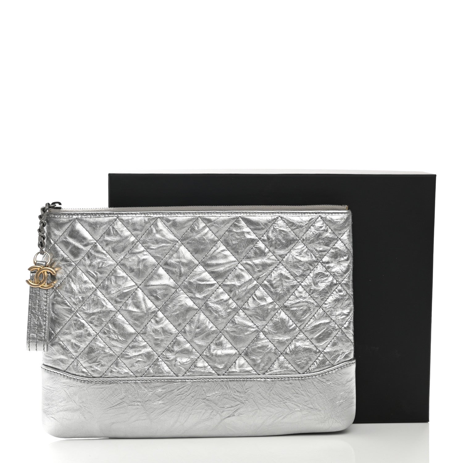 Chanel Metallic Crumpled Calfskin Quilted Medium Gabrielle Cosmetic Case Silver 9 of 9