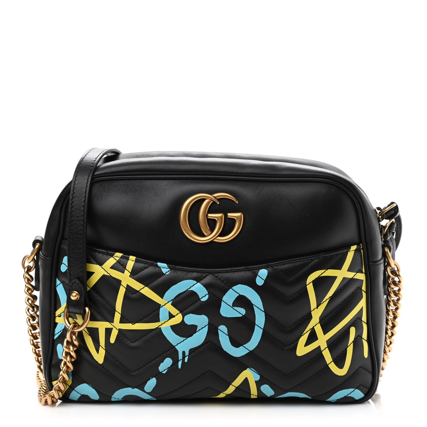 Calfskin Matelasse GucciGhost Medium GG Marmont Chain Shoulder Bag Black New Acquamarine