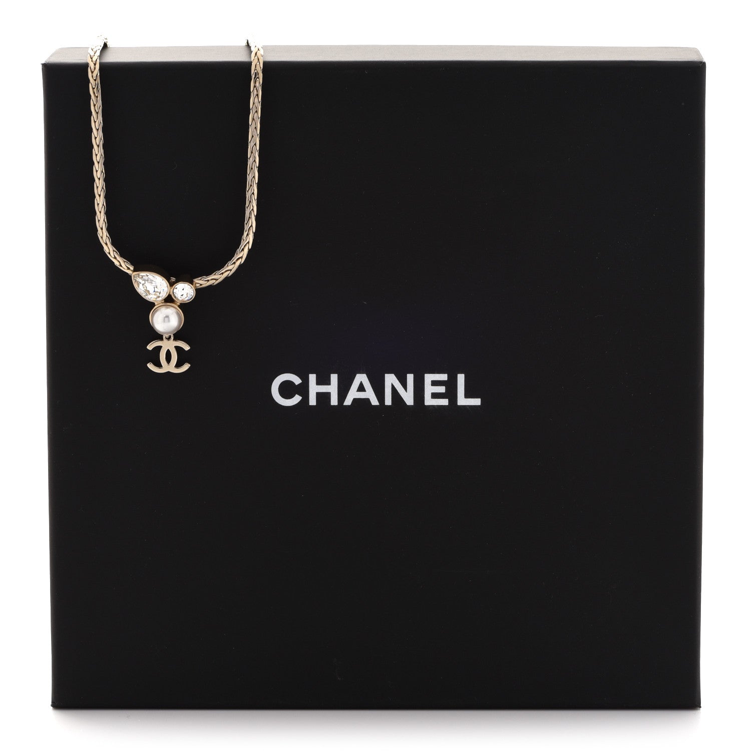 Chanel Pearl Crystal CC Teardrop Braided Necklace Gold 6 of 6