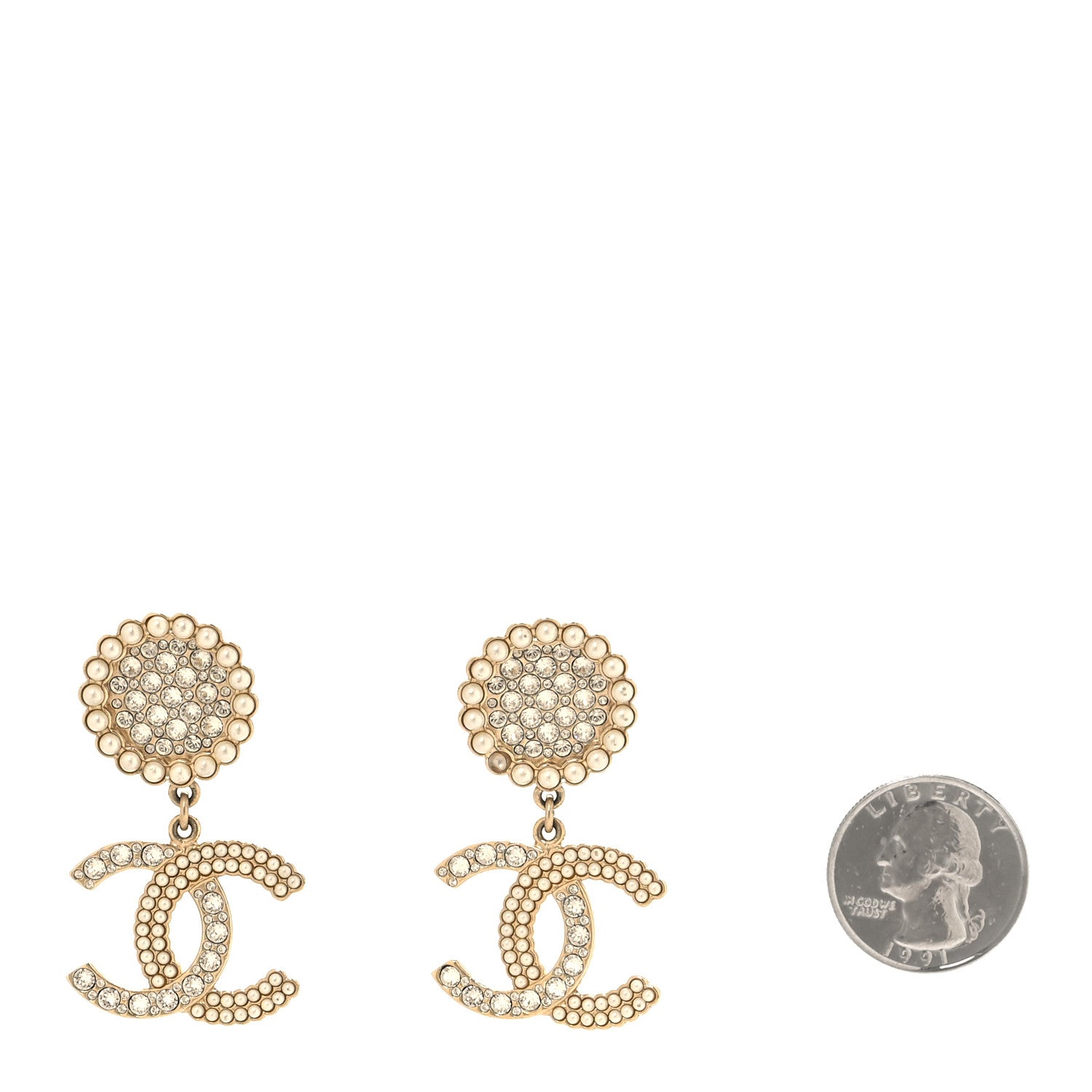 Chanel Crystal Pearl CC Drop Round Earrings Gold 2 of 6