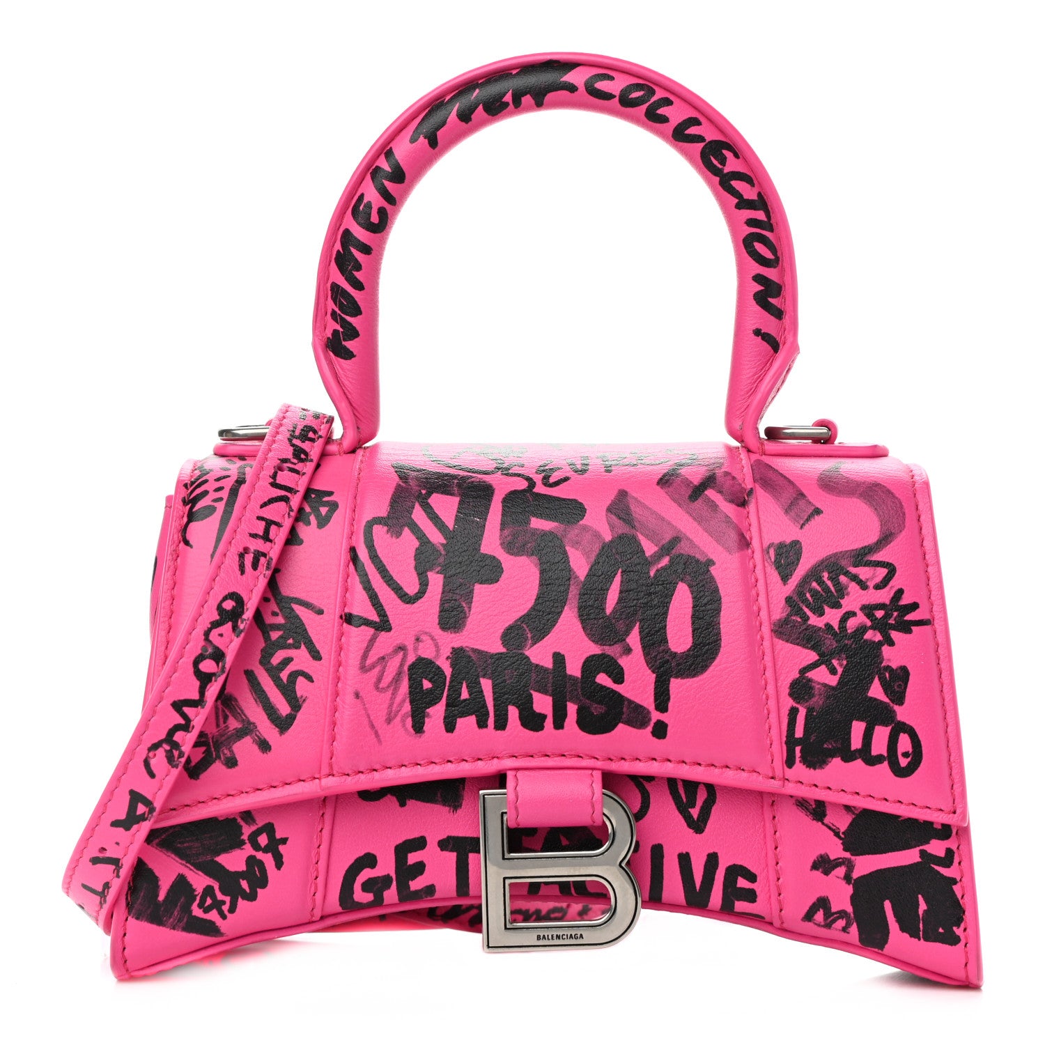 Balenciaga Smooth Calfskin Graffiti Hourglass Top Handle Bag XS Acid Fuchsia Black 1 of 9
