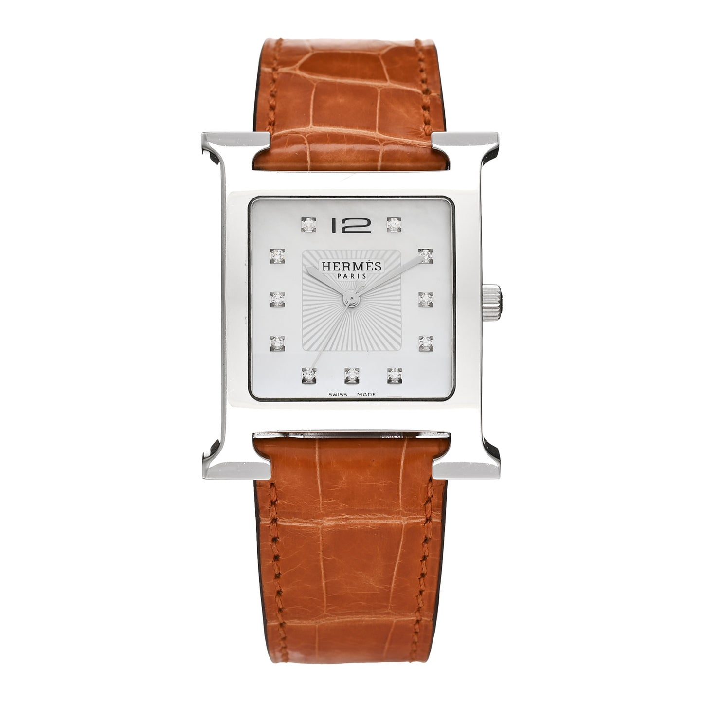Stainless Steel Alligator Diamond Mother of Pearl 30.5mm Heure H Hour Quartz Watch Orange
