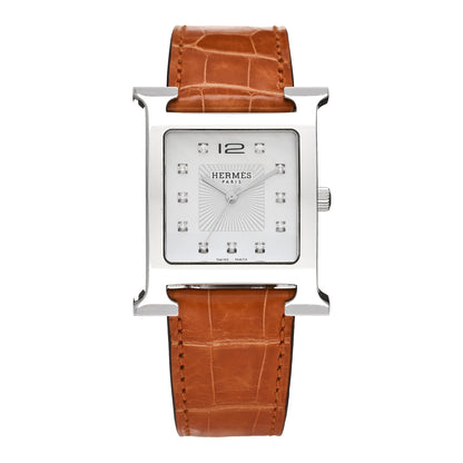 Hermes Stainless Steel Alligator Diamond Mother of Pearl 30.5mm Heure H Hour Quartz Watch Orange 1 of 4