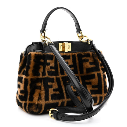 Fendi Shearling Nappa Macro FF 1974 Mini Peekaboo Iconic Satchel Tobacco Black 3 of 12