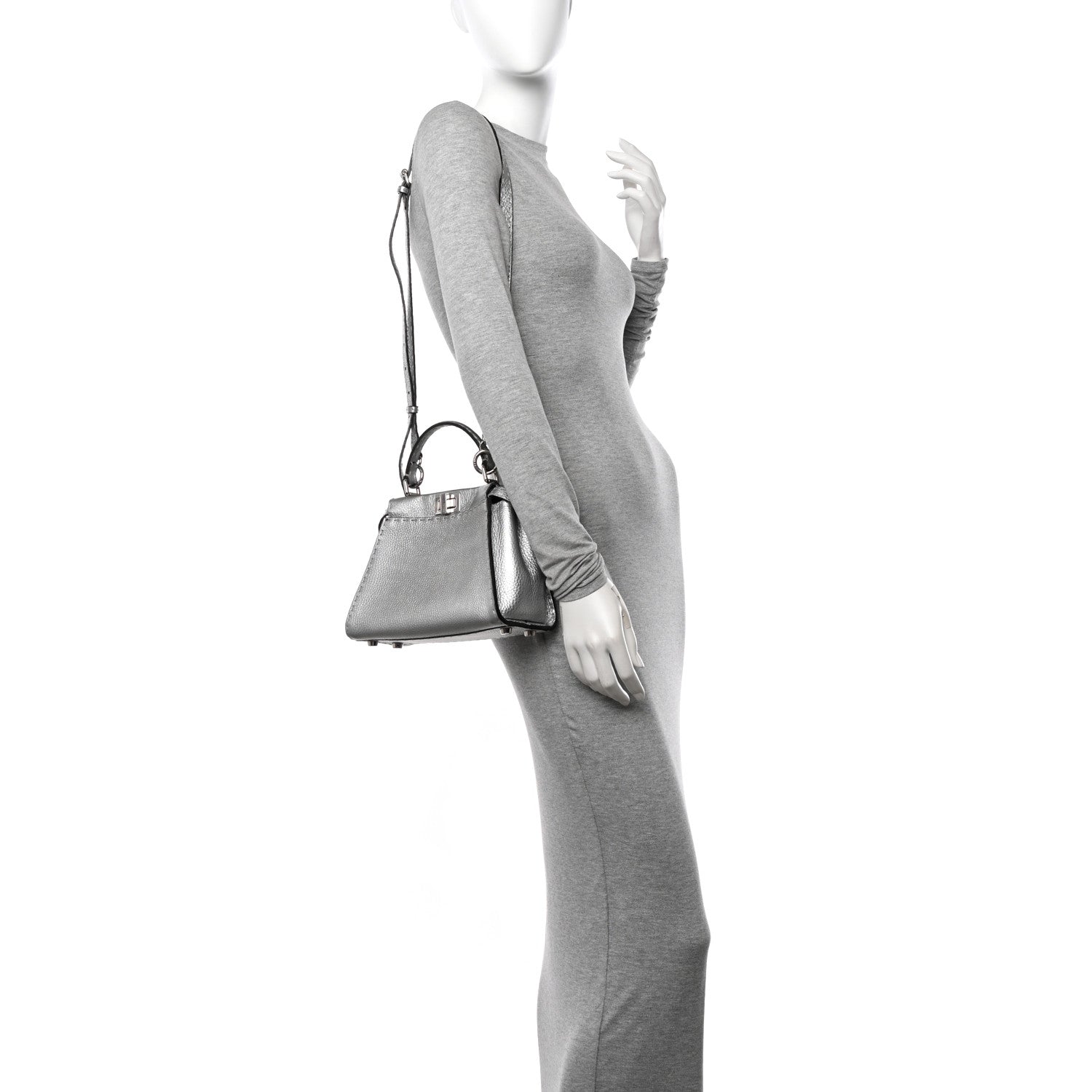 Fendi Cuoio Romano Lux Selleria Mini Peekaboo Iconic Satchel Argento 2 of 9