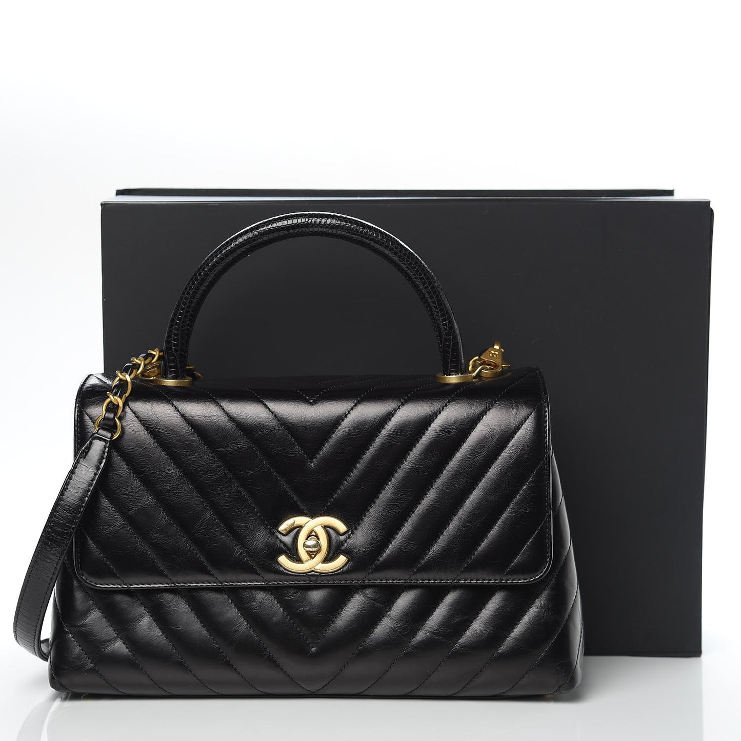 Calfskin Lizard Chevron Quilted Small Coco Handle Flap Black