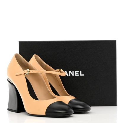 Chanel Shiny Goatskin Pearls Open Cap Toe Slingback Pumps 40 Beige Black 11 of 11