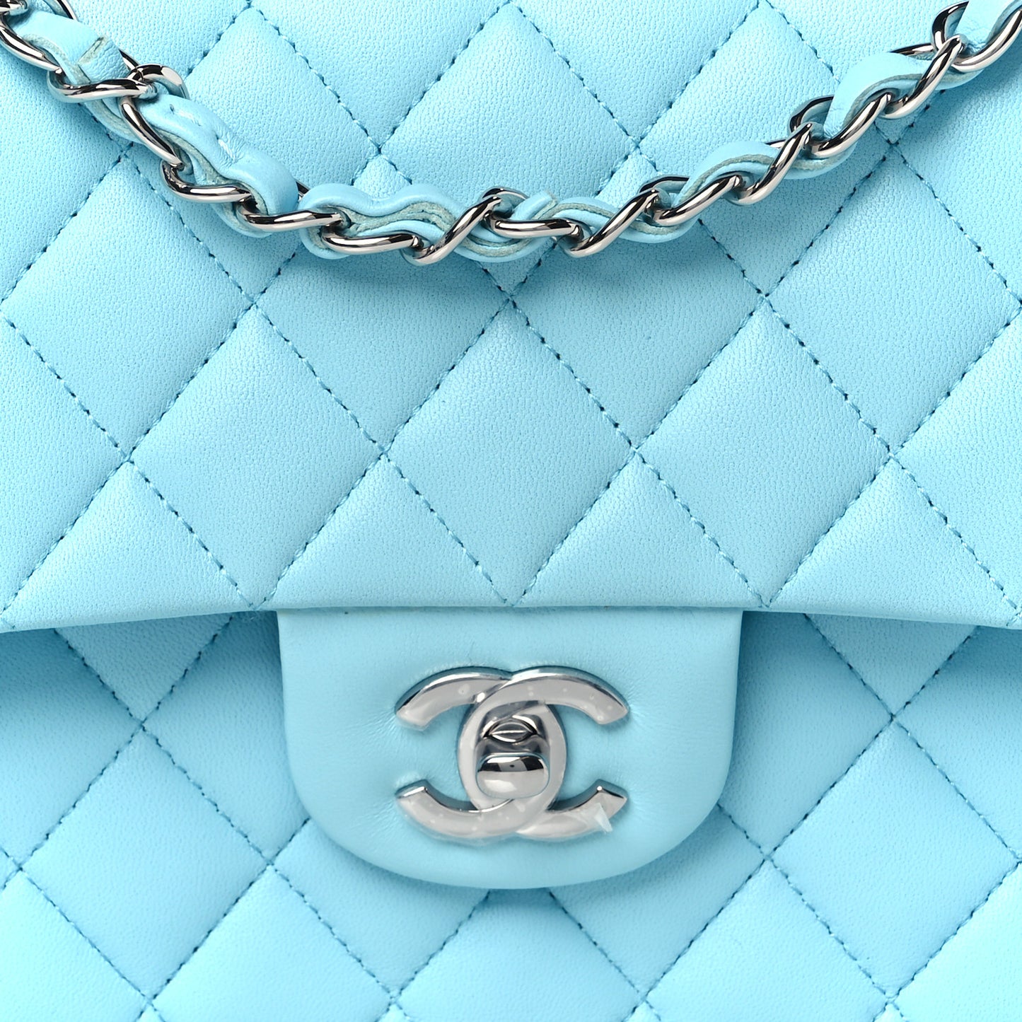 Lambskin Quilted Medium Double Flap Light Blue