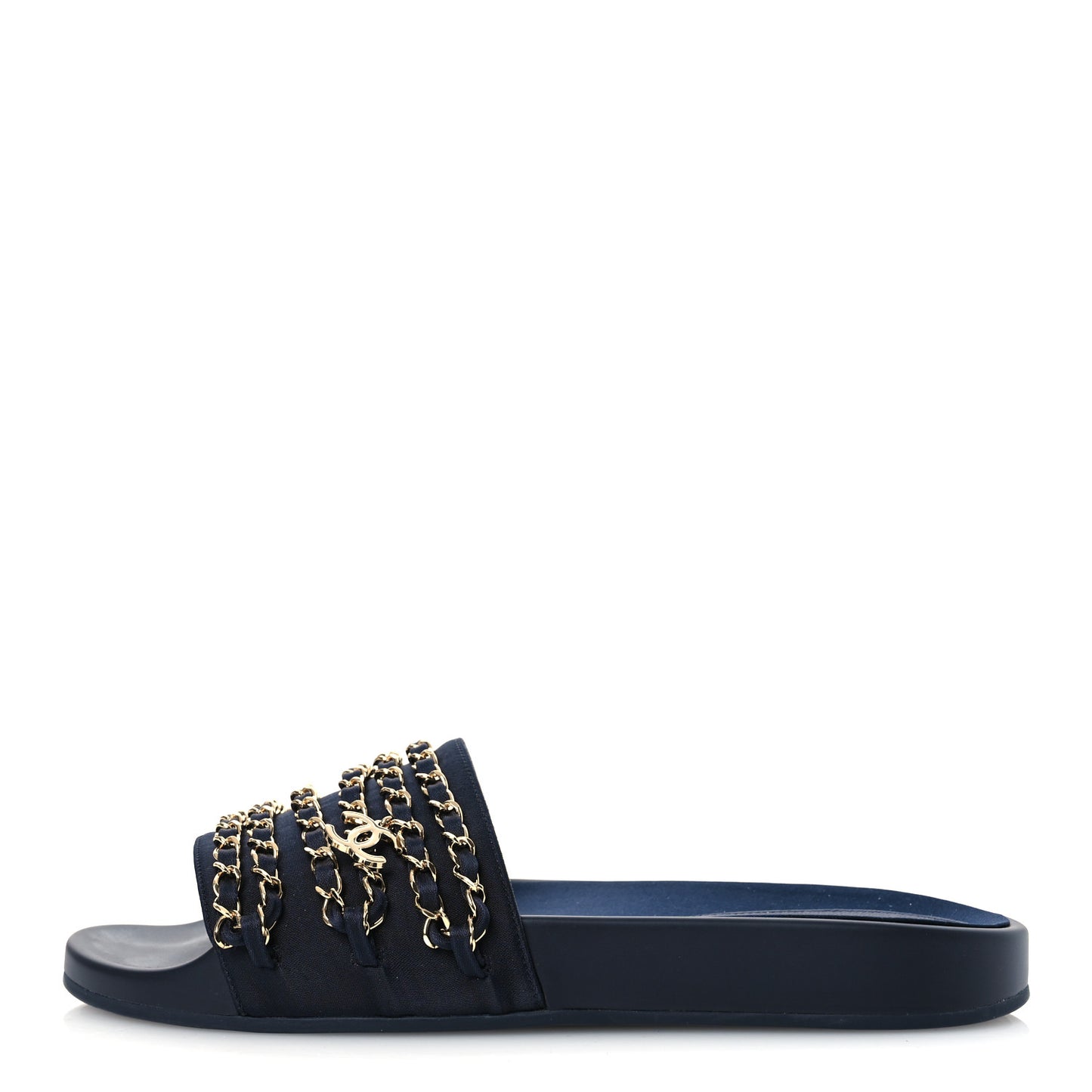 Satin Canvas Chain Slides Sandals Flats 40 Marine