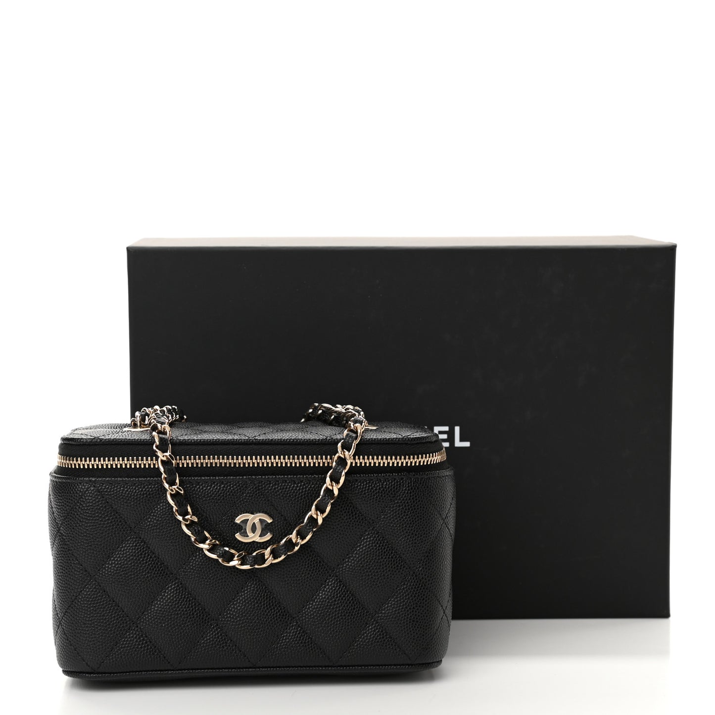 Caviar Quilted Small Vanity Case With Chain Black