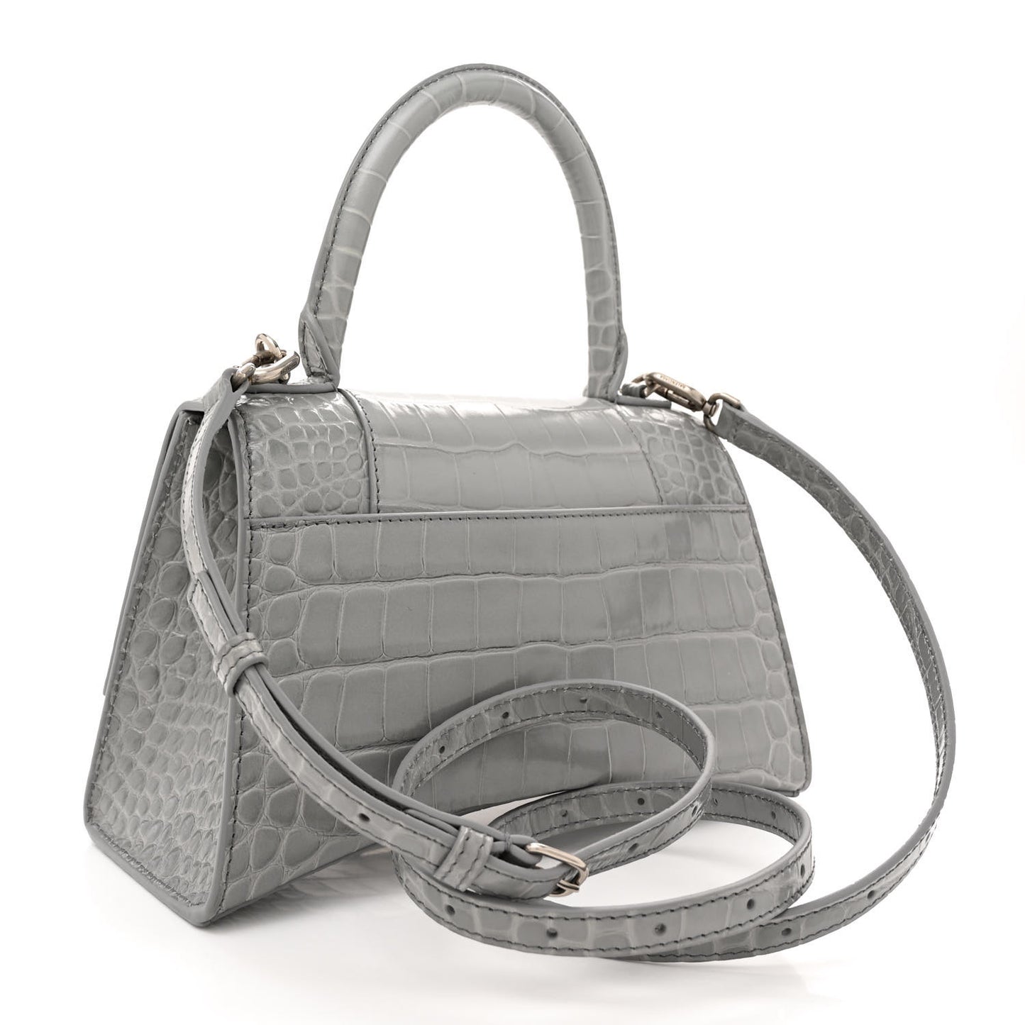 Shiny Calfskin Crocodile Embossed Small Hourglass Top Handle Bag Steel Grey