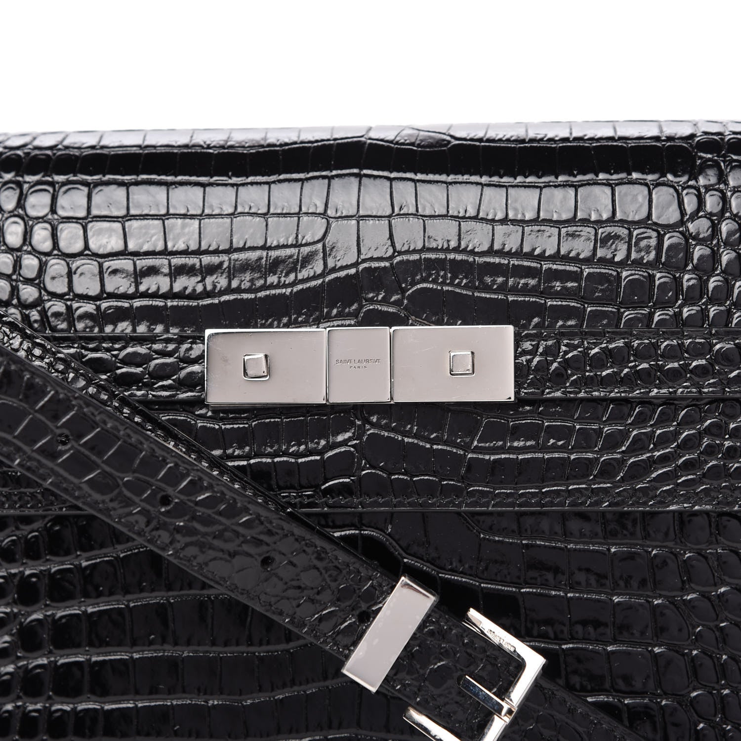Saint Laurent Shiny Calfskin Crocodile Embossed Manhattan Baguette Black 9 of 9