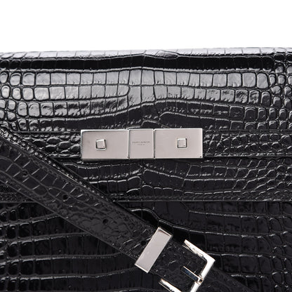 Saint Laurent Shiny Calfskin Crocodile Embossed Manhattan Baguette Black 9 of 9