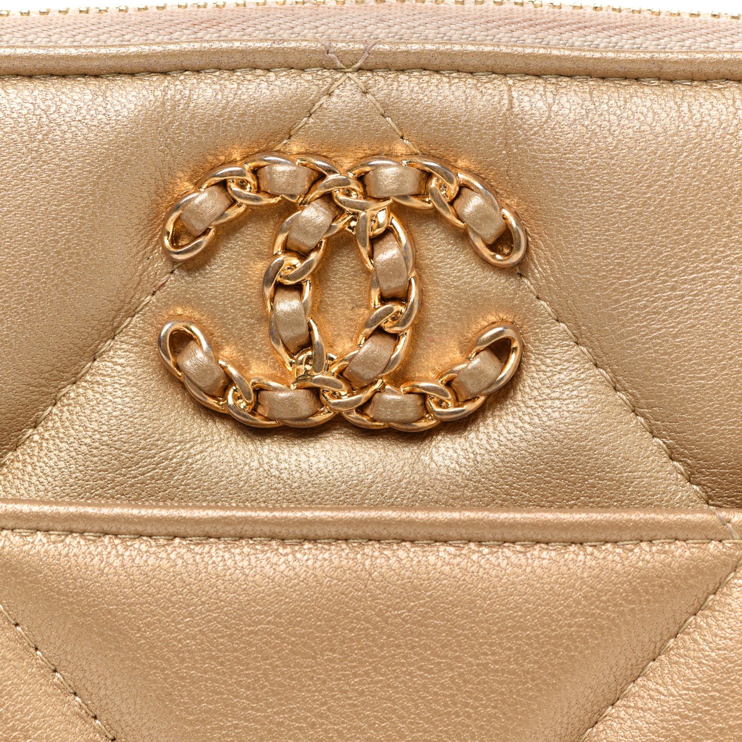 Metallic Lambskin Quilted Chanel 19 Pouch Gold