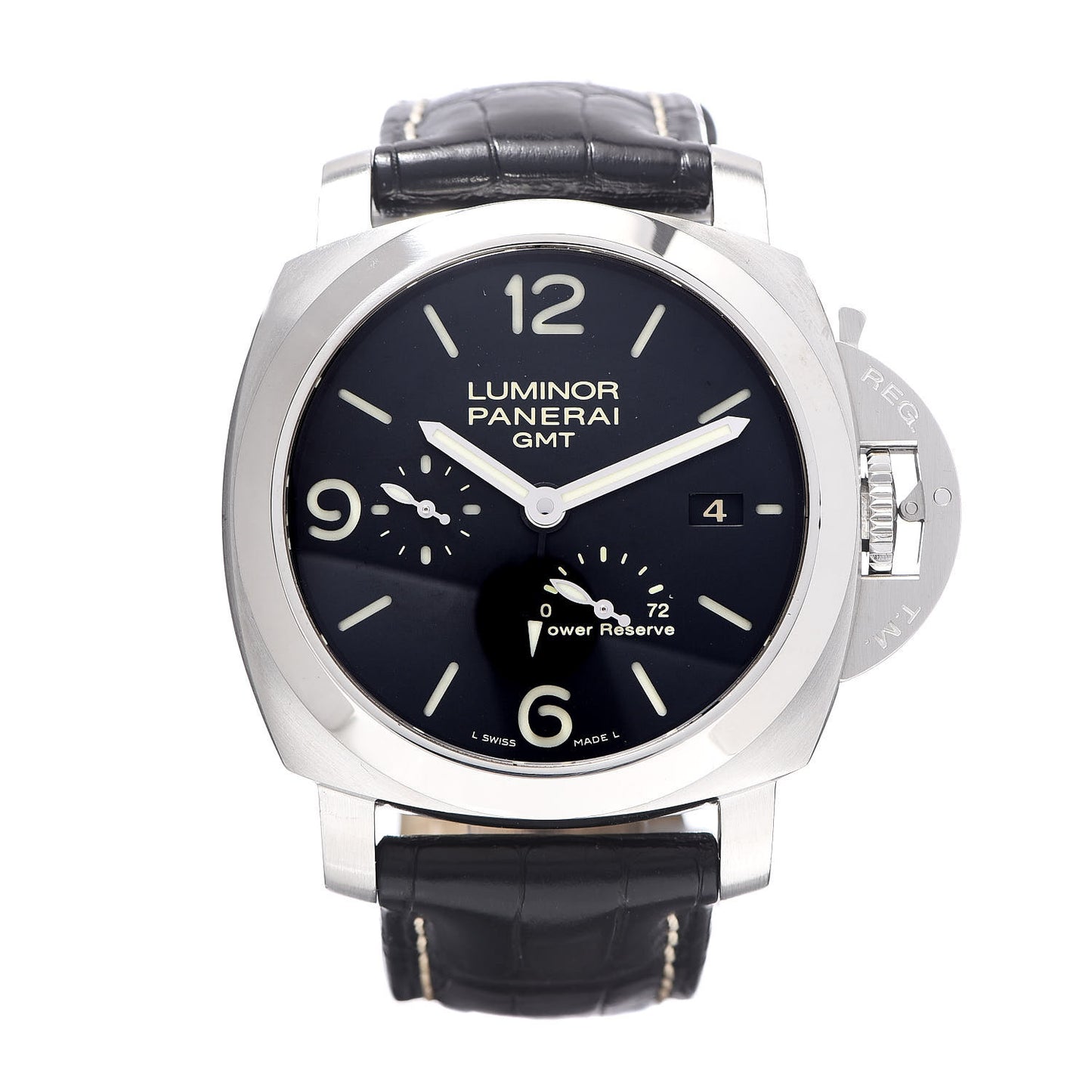 Stainless Steel Alligator 44mm 1950 3 Days GMT Power Reserve Automatic Watch Black PAM00321
