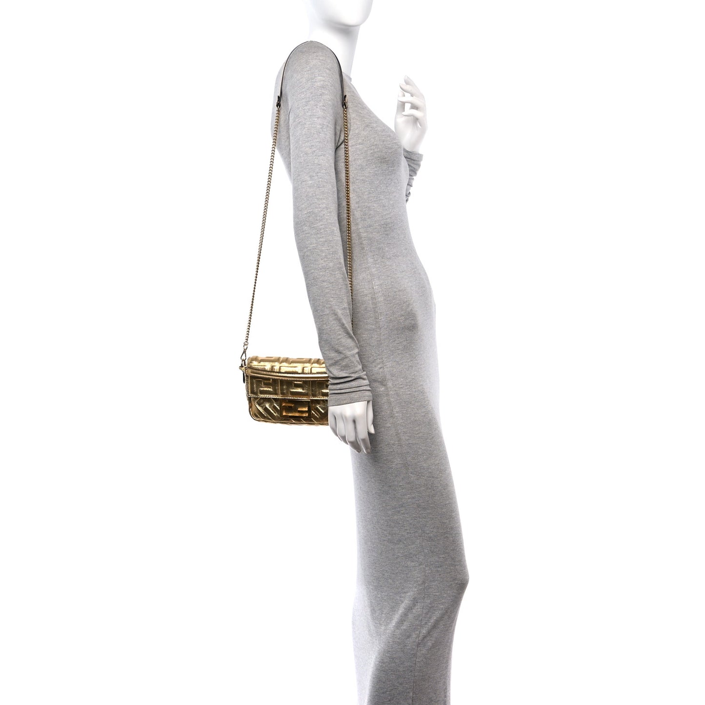 Vitello Catalan Mirror FF 1974 Embossed Mini Baguette Gold