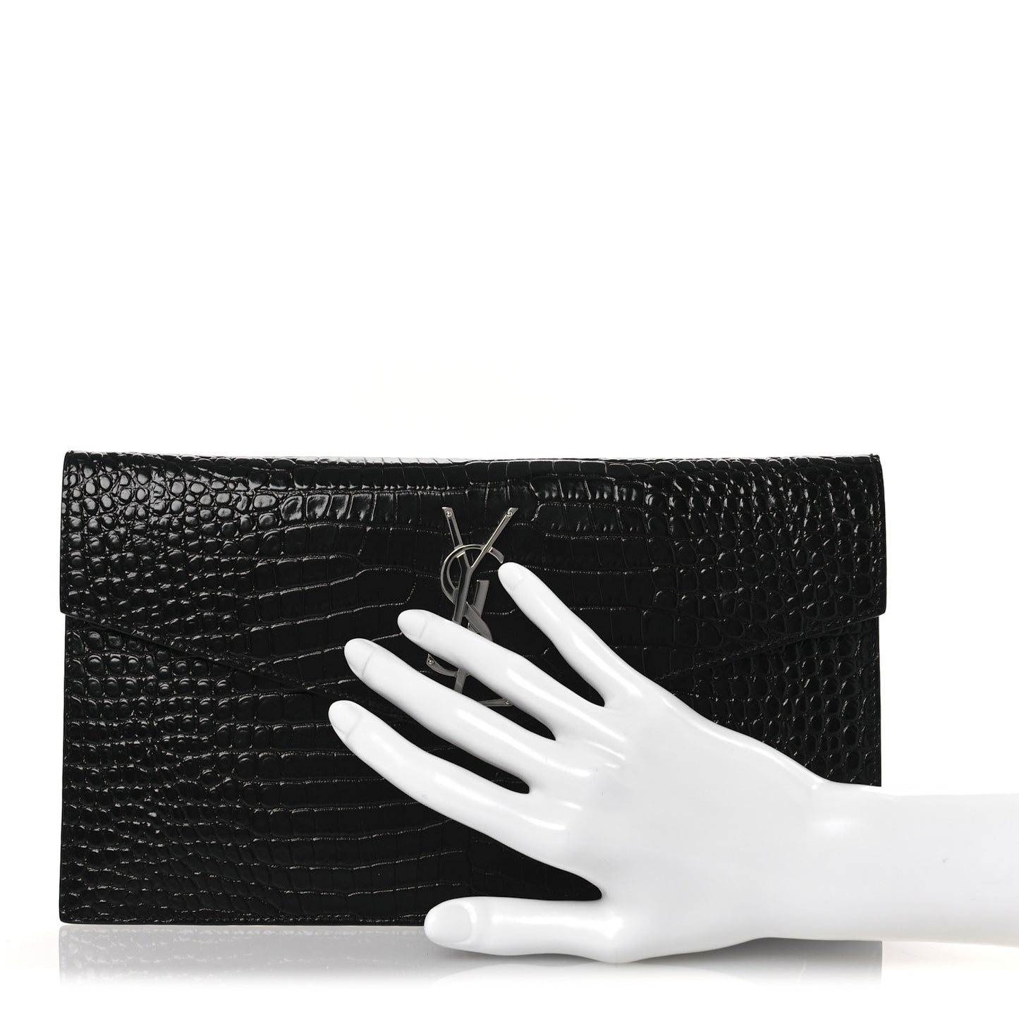 Calfskin Crocodile Embossed Uptown Monogram Clutch Black
