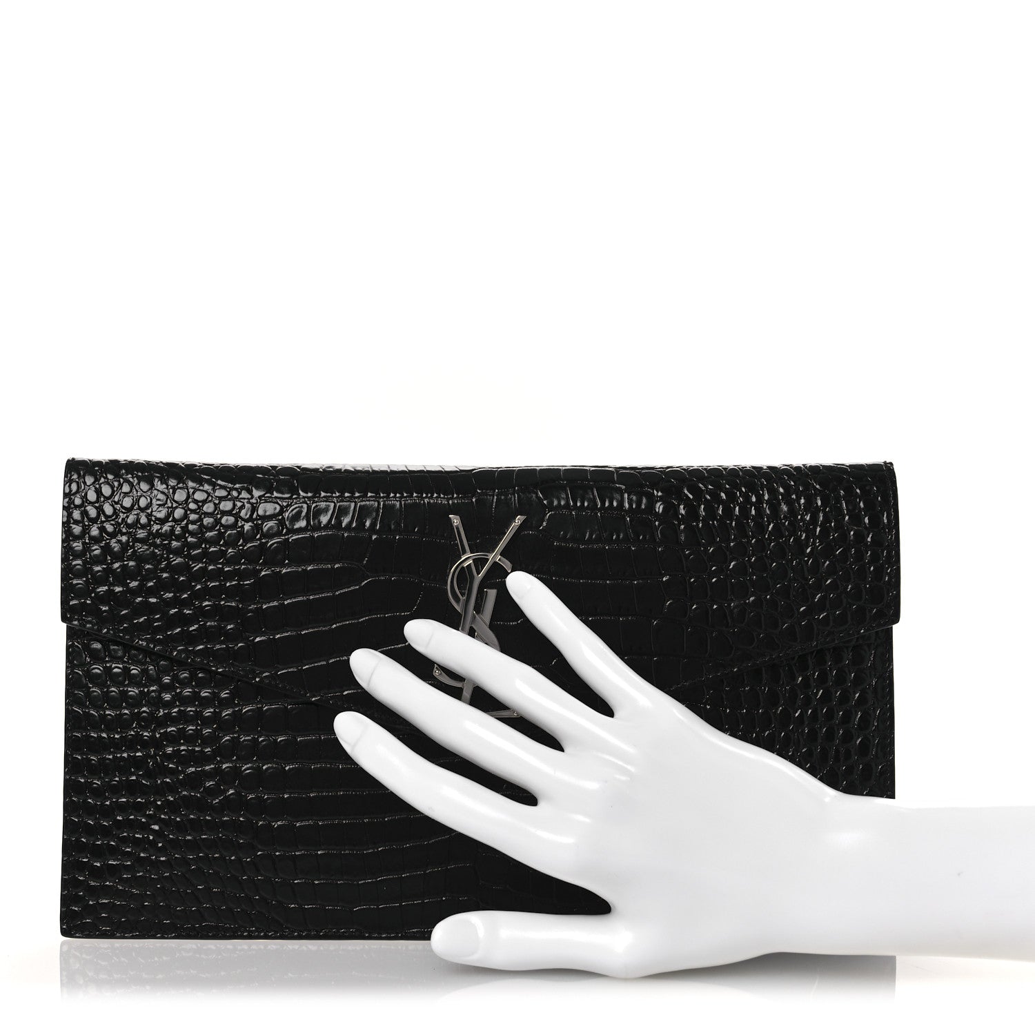 Saint Laurent Calfskin Crocodile Embossed Uptown Monogram Clutch Black 2 of 8