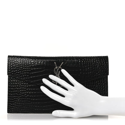 Saint Laurent Calfskin Crocodile Embossed Uptown Monogram Clutch Black 2 of 8