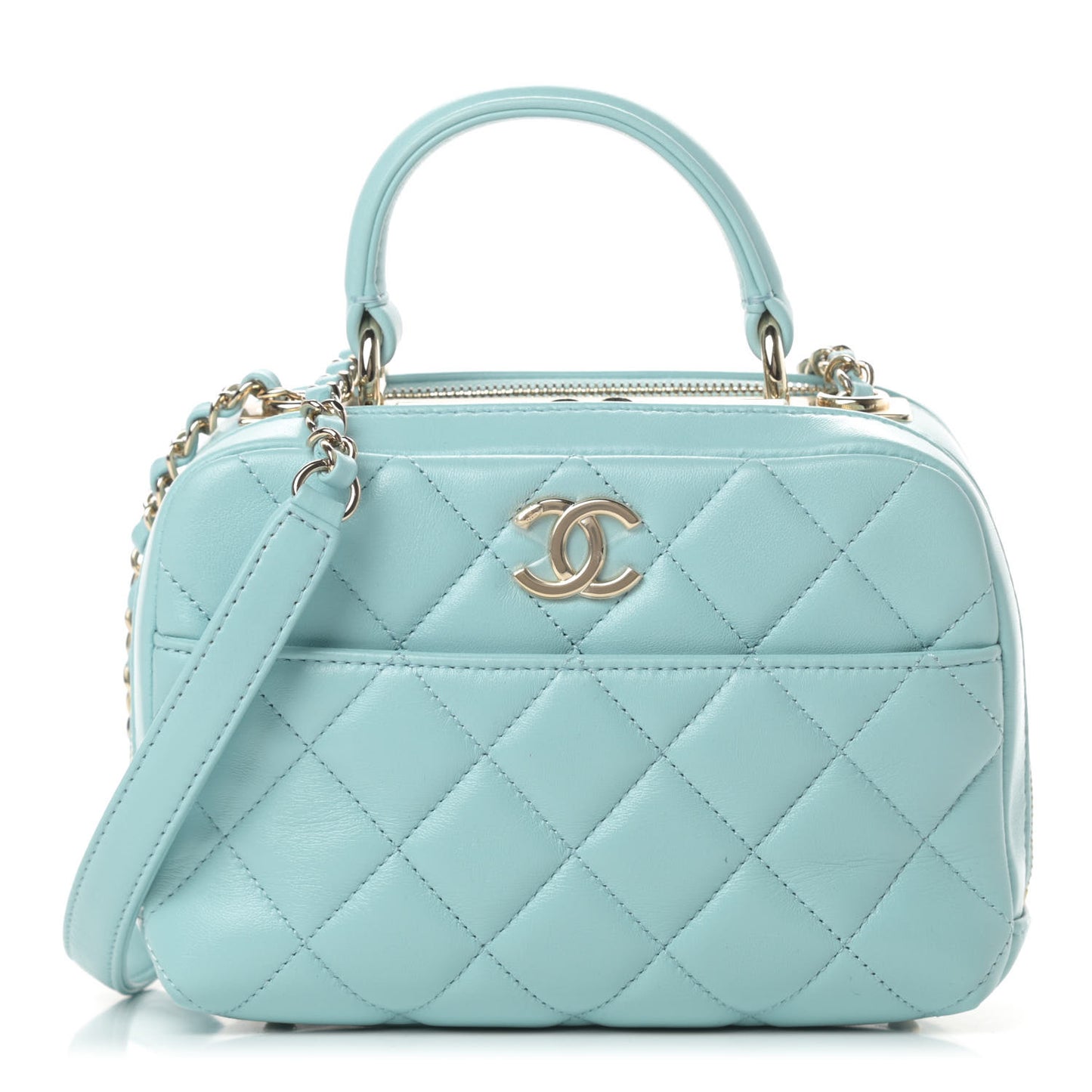 Lambskin Quilted Small Trendy CC Bowling Bag Light Blue