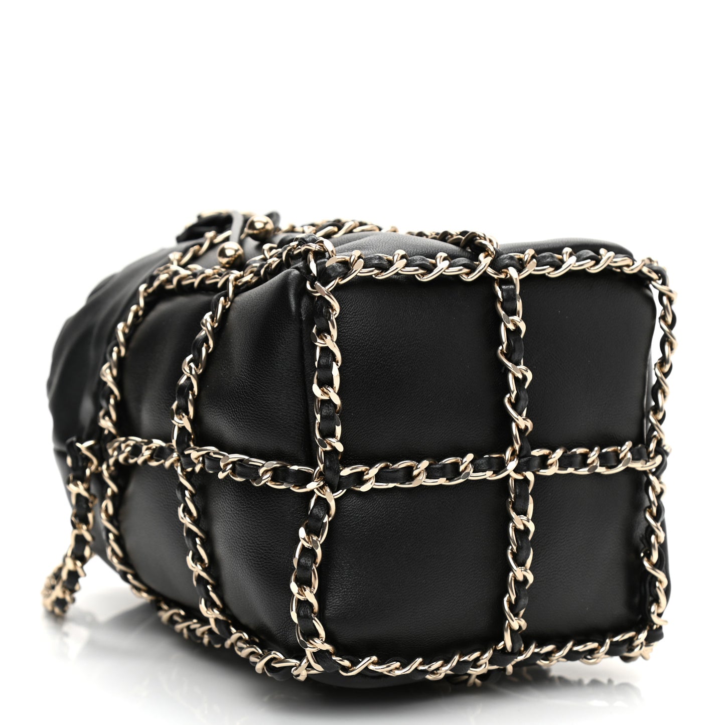 Lambskin Bucket Chain Drawstring Bag Black