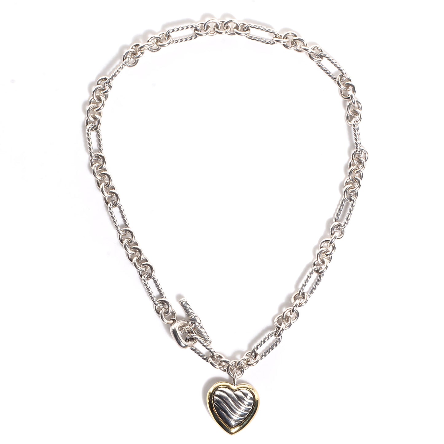 Sterling Silver 18K Yellow Gold Cable Heart Figaro Necklace