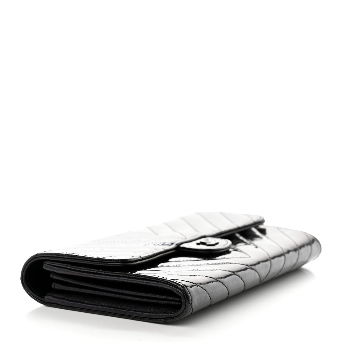 Patent Metallic Crumpled Calfskin Chevron Quilted Large Gusset Flap Wallet So Black