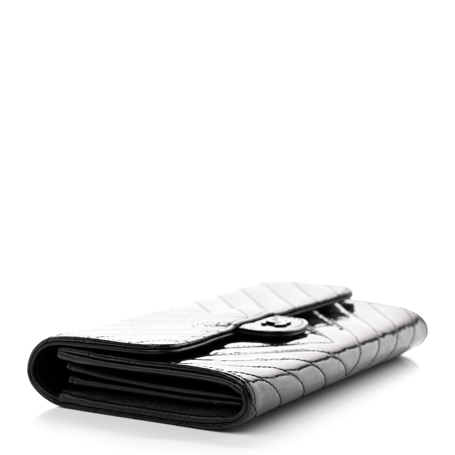Chanel Patent Metallic Crumpled Calfskin Chevron Quilted Large Gusset Flap Wallet So Black 4 of 8