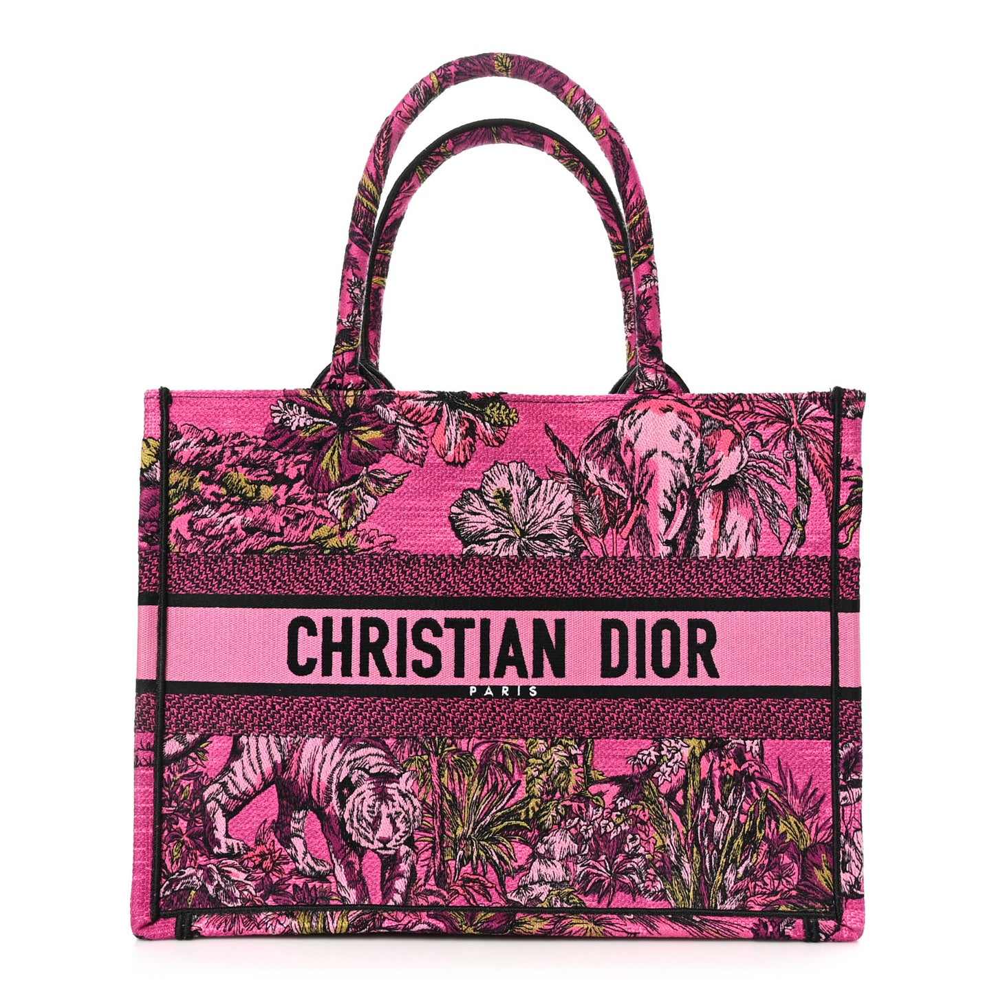 Canvas Embroidered Medium Toile de Jouy Voyage Book Tote Fuchsia Multicolor