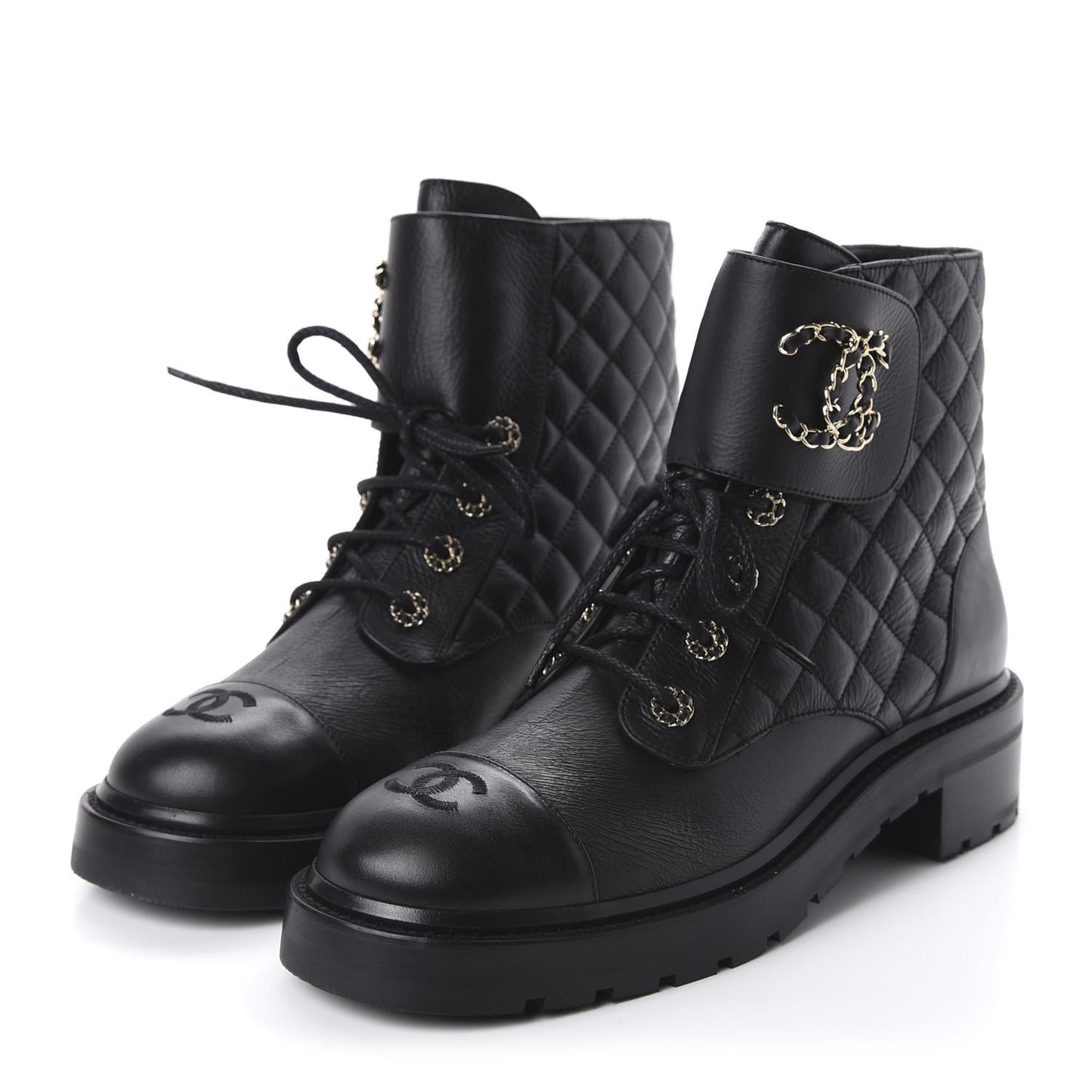 Shiny Goatskin Calfskin Quilted Lace Up Combat Boots 42 Black