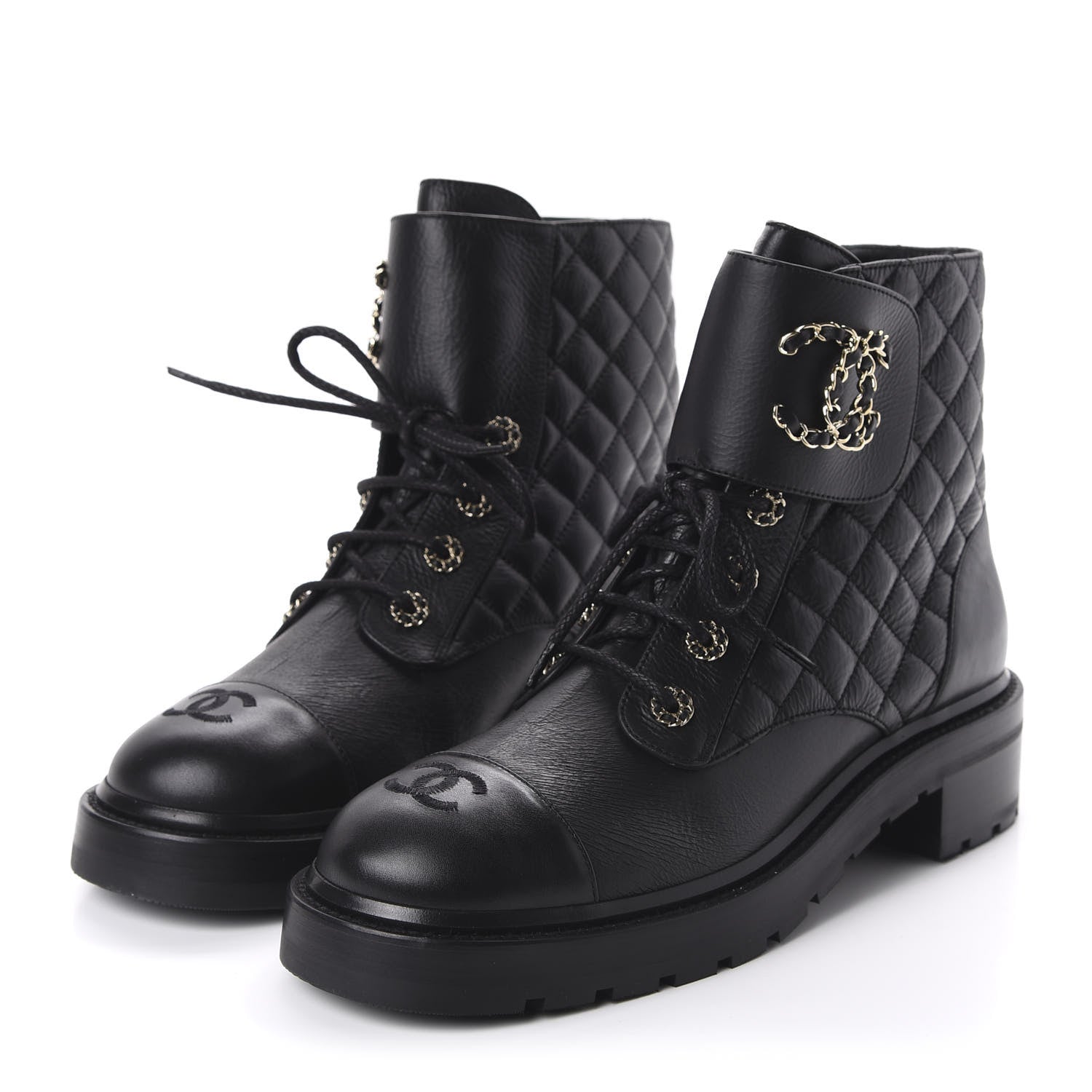 Chanel Shiny Goatskin Calfskin Quilted Lace Up Combat Boots 42 Black 3 of 9
