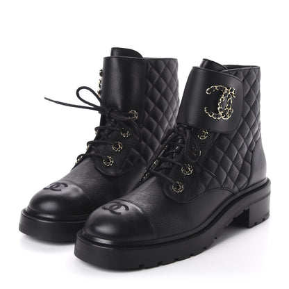 Chanel Shiny Goatskin Calfskin Quilted Lace Up Combat Boots 42 Black 3 of 9