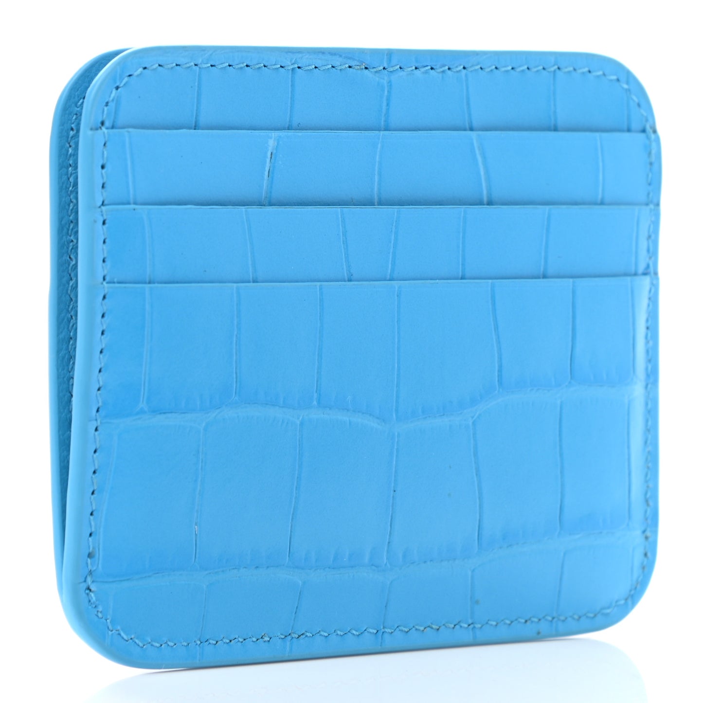 Calfskin Logo Crocodile Embossed Cash Rounded Card Holder Cyan Black