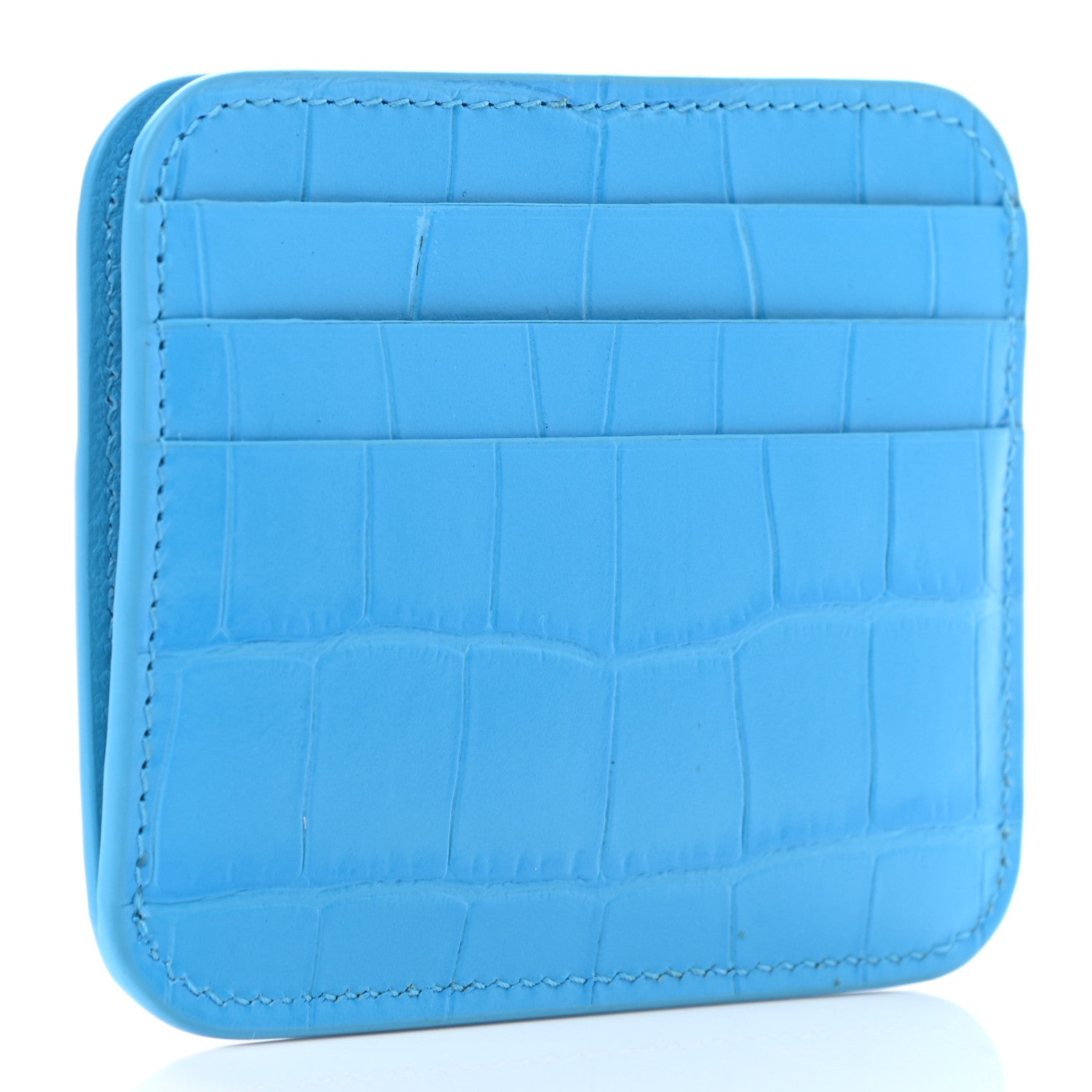 Balenciaga Calfskin Logo Crocodile Embossed Cash Rounded Card Holder Cyan Black 3 of 8