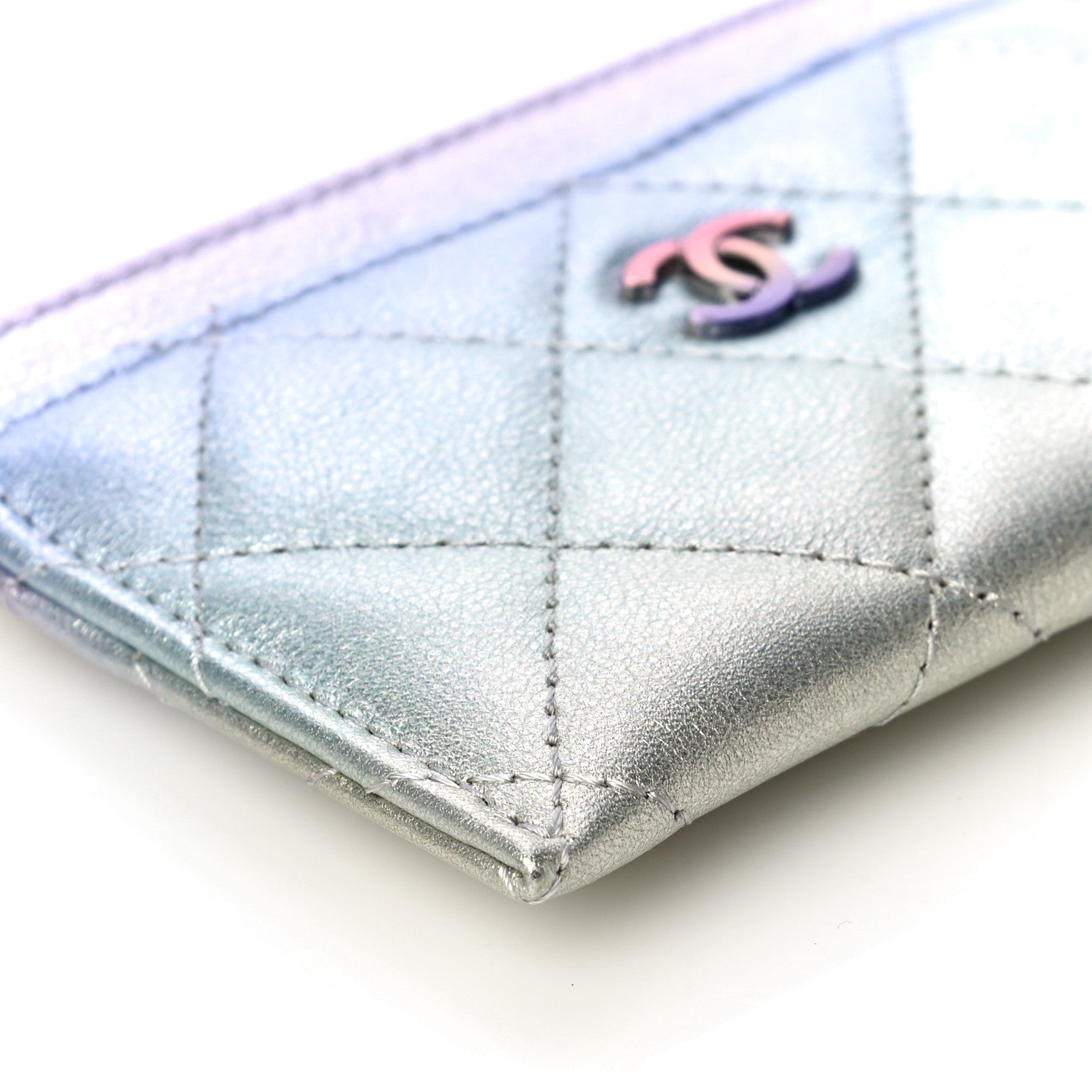 Chanel Gradient Metallic Calfskin Quilted Card Holder Silver Blue Yellow Purple 10 of 12