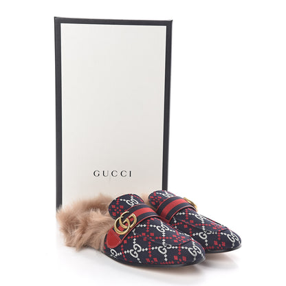 Gucci Canvas GG Monogram Diamond Fur Web GG Mens Princetown Slippers 6 Midnight Blue Hibiscus Red 8 of 8