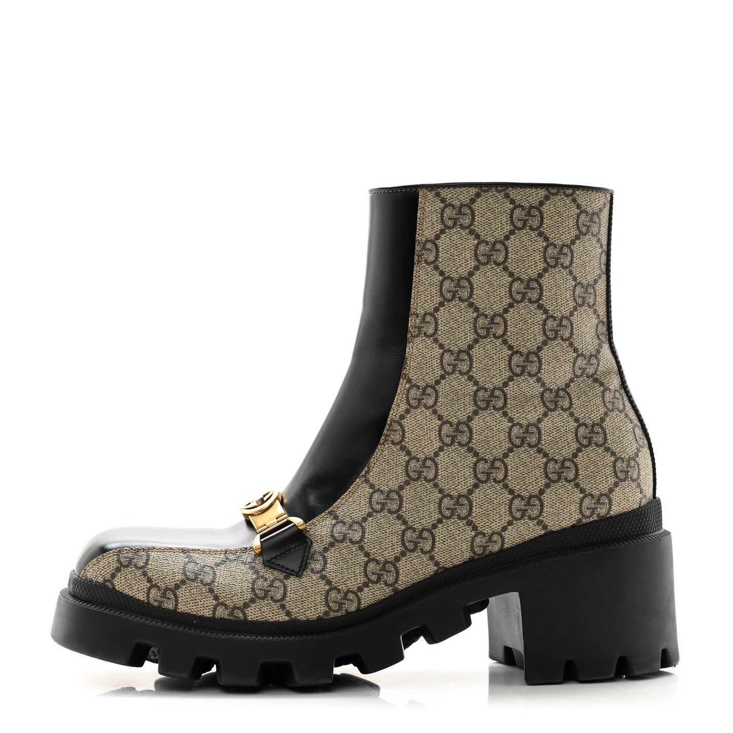 GG Supreme Monogram Magnum Calfskin Interlocking G Womens Lug Sole Ankle Boots 39.5 Beige Ebony Black