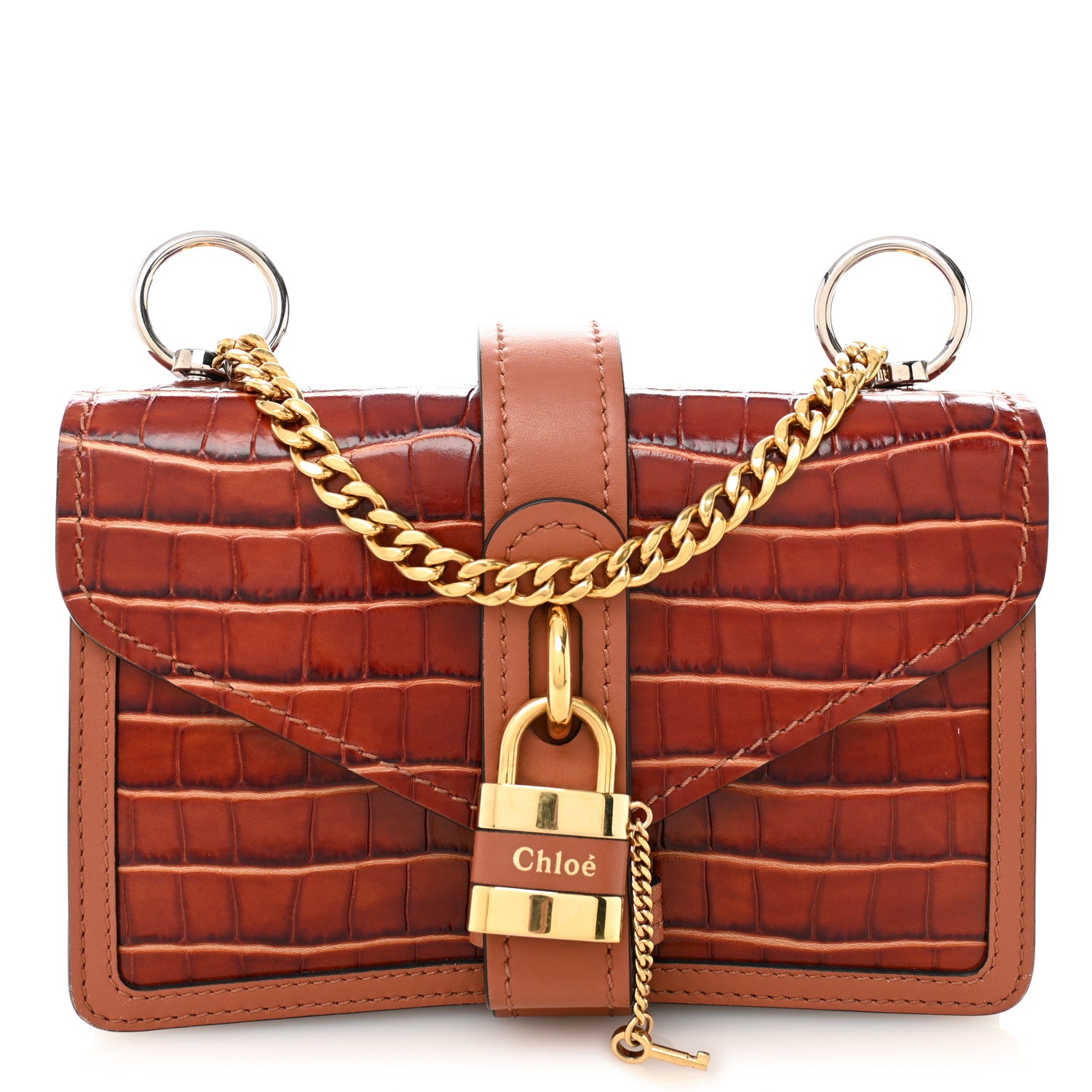 Chloe Calfskin Crocodile Embossed Aby Chain Shoulder Bag Chestnut Brown 1 of 12