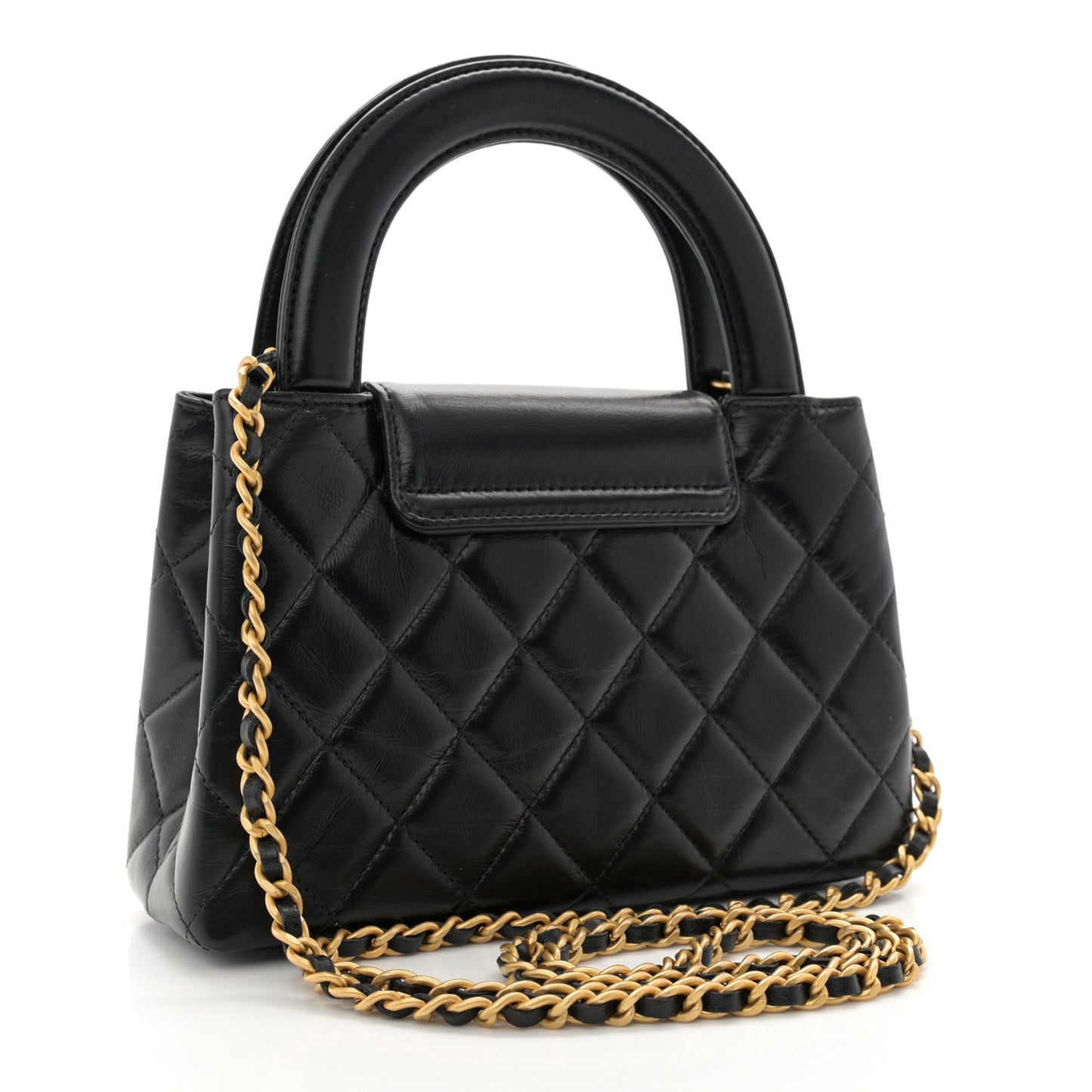 Shiny Aged Calfskin Quilted Nano Kelly Shopper Black
