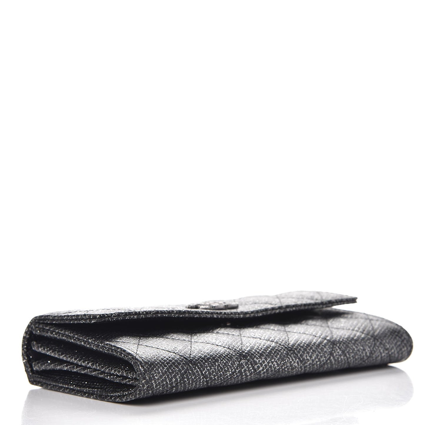 Glitter Calfskin Quilted Long Flap Wallet Black