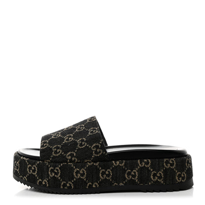 Gucci Jacquard Black Denim GG Monogram Angelina Platform 55mm Slide Sandals 40 Black Ivory 1 of 9