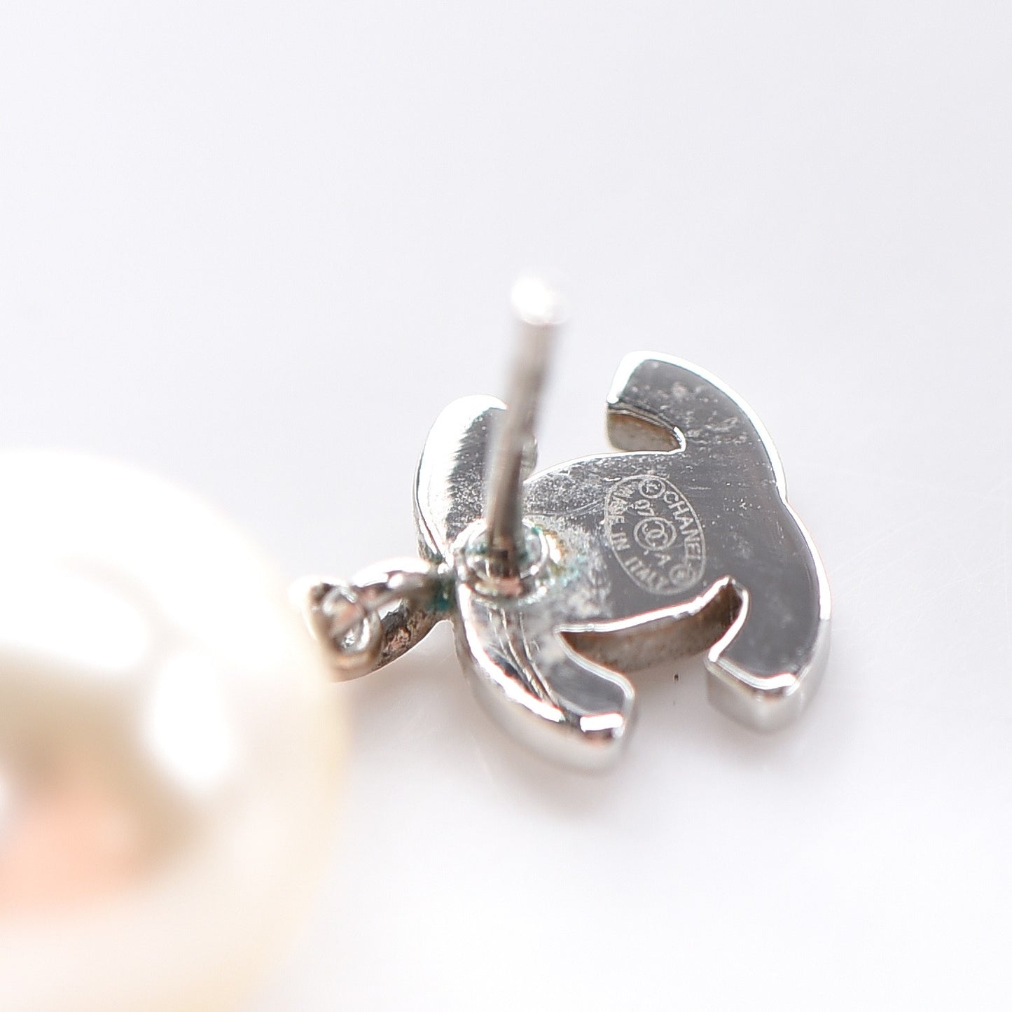 Crystal Pearl CC Drop Earrings Silver