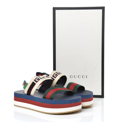 Gucci Nylon Stripe Logo Sylvie Web Platform Slingback Sandals 39 Green Red Ecru 8 of 8