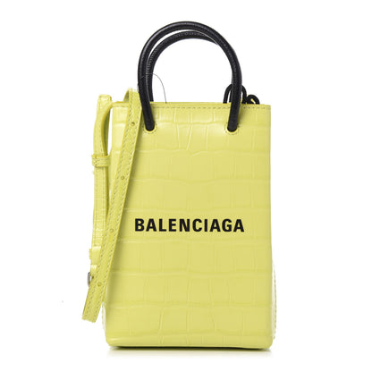 Balenciaga Calfskin Crocodile Embossed Logo Shopping Phone Holder Bag Lime 1 of 9