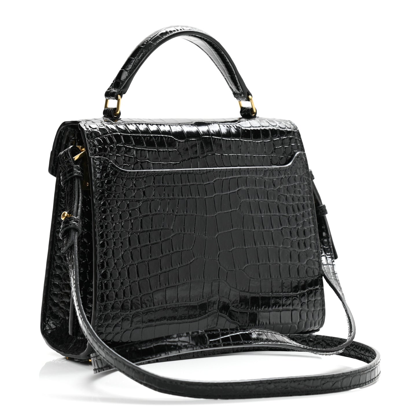 Calfskin Crocodile Embossed Mini Classic Monogram Cassandra Top Handle Black