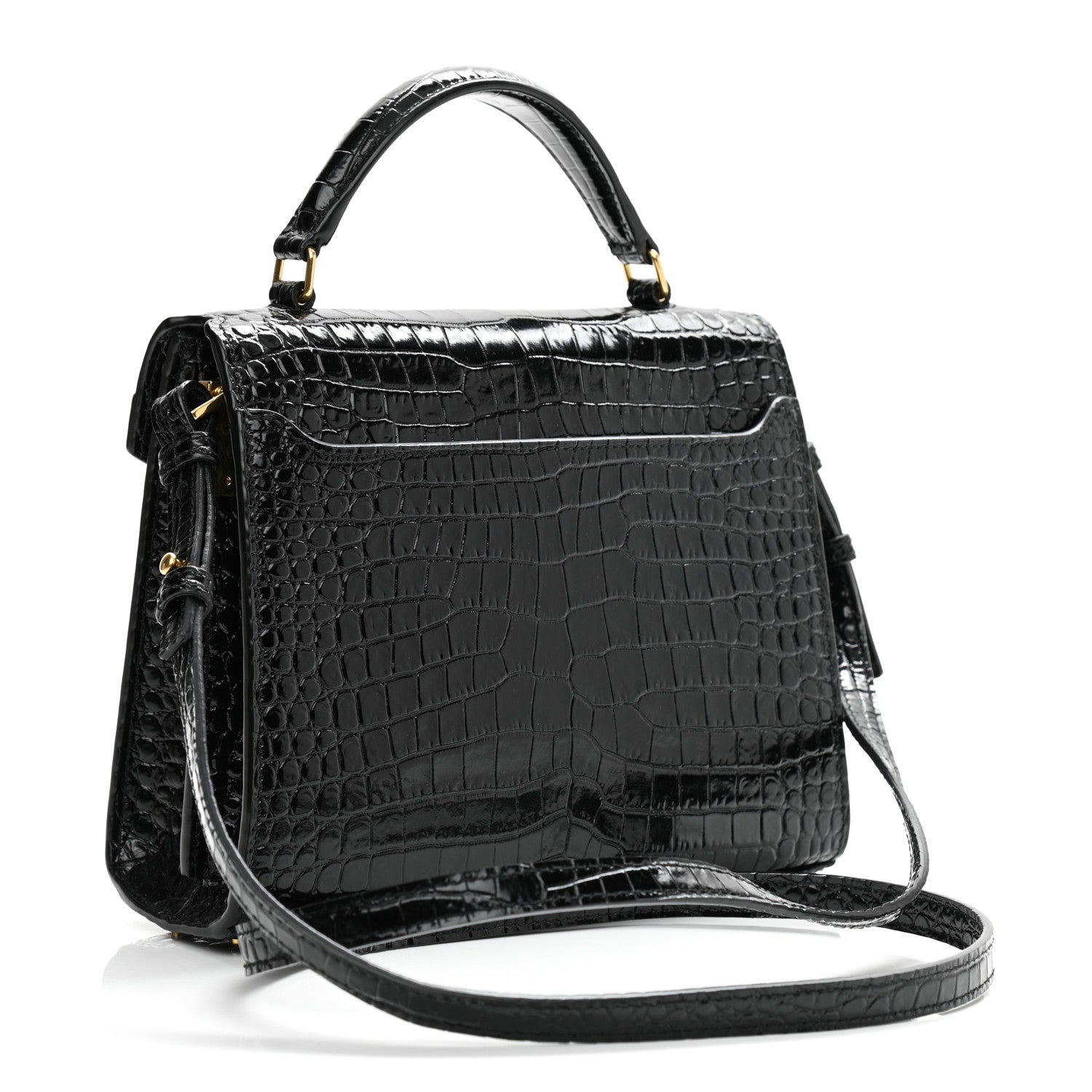 Saint Laurent Calfskin Crocodile Embossed Mini Classic Monogram Cassandra Top Handle Black 3 of 10