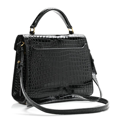 Saint Laurent Calfskin Crocodile Embossed Mini Classic Monogram Cassandra Top Handle Black 3 of 10