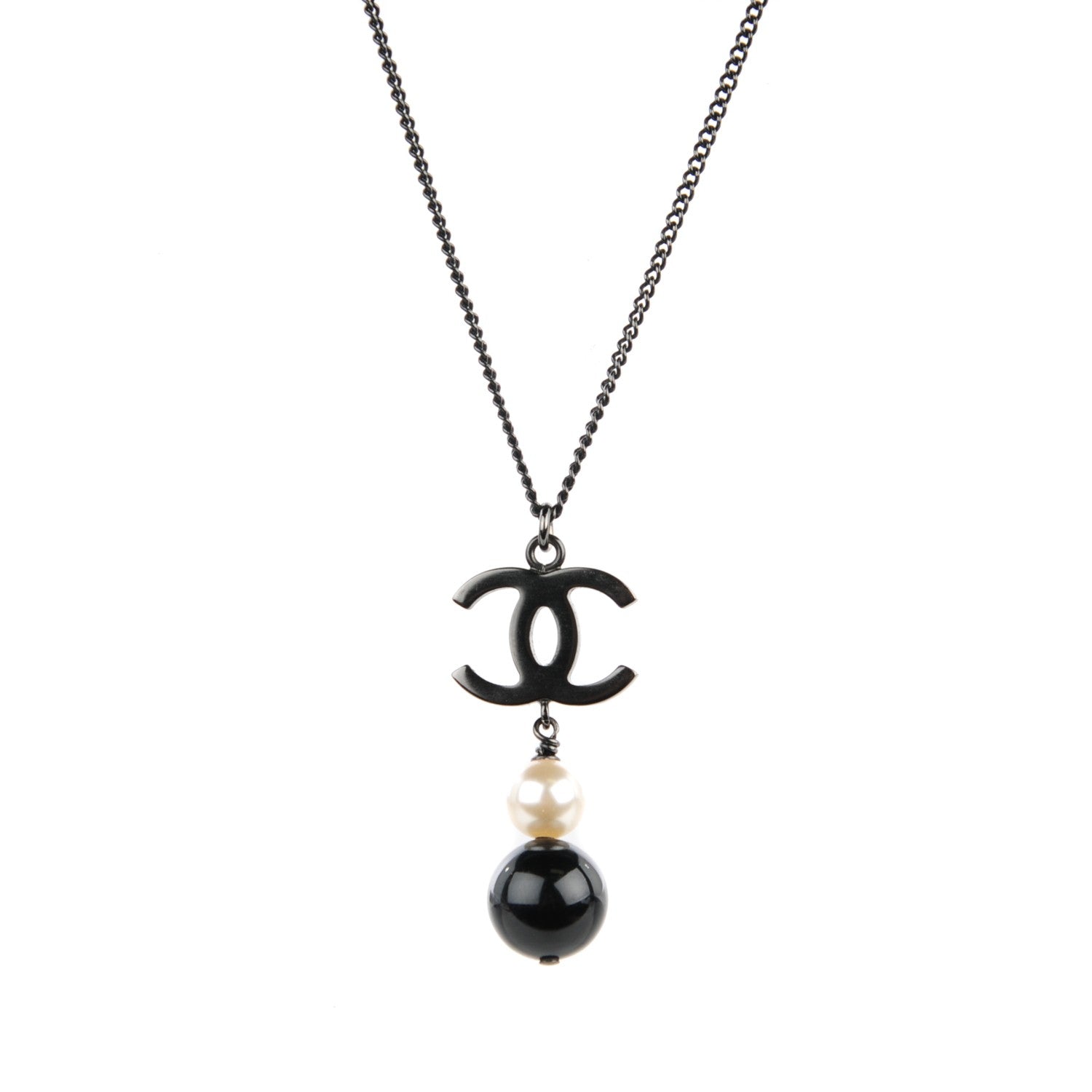 Chanel Resin CC Pearl Drop Necklace Ruthenium Black 1 of 5
